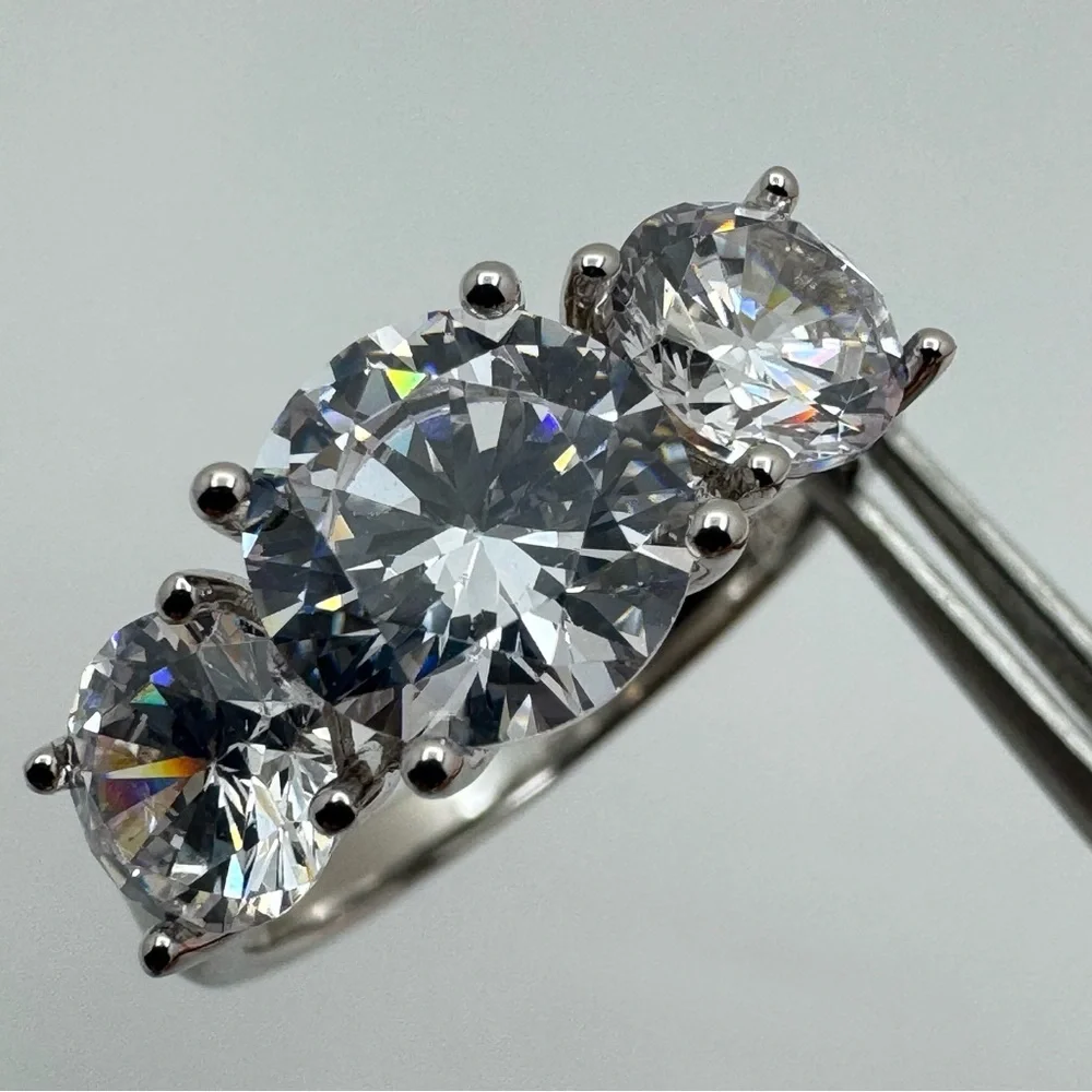 925 Sterling Silver CZ 3 Stone Engagement Ring Set Size 8